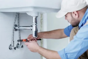 plumber repairing the bathroom sink plumbing in an home