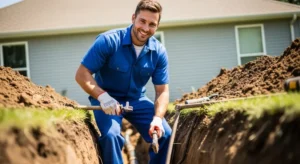 plumber-in blue-shirt-digging-a-trench-for-a-sewer-line-repair-service